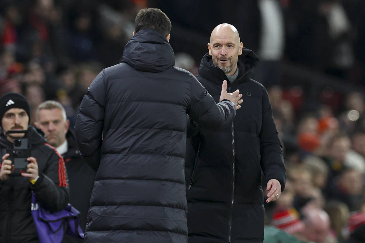 Managers Erik ten Hag (right) and Mauricio Pochettino pictured shaking hands ahead of a Premier League game between Manchester United and Chelsea in December 2023