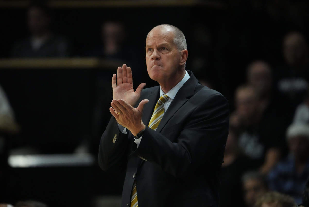Dec 1, 2022; Boulder, Colorado, USA; Colorado Buffaloes head coach Tad Boyle reacts during the second half against the Arizona State Sun Devils at the CU Events Center