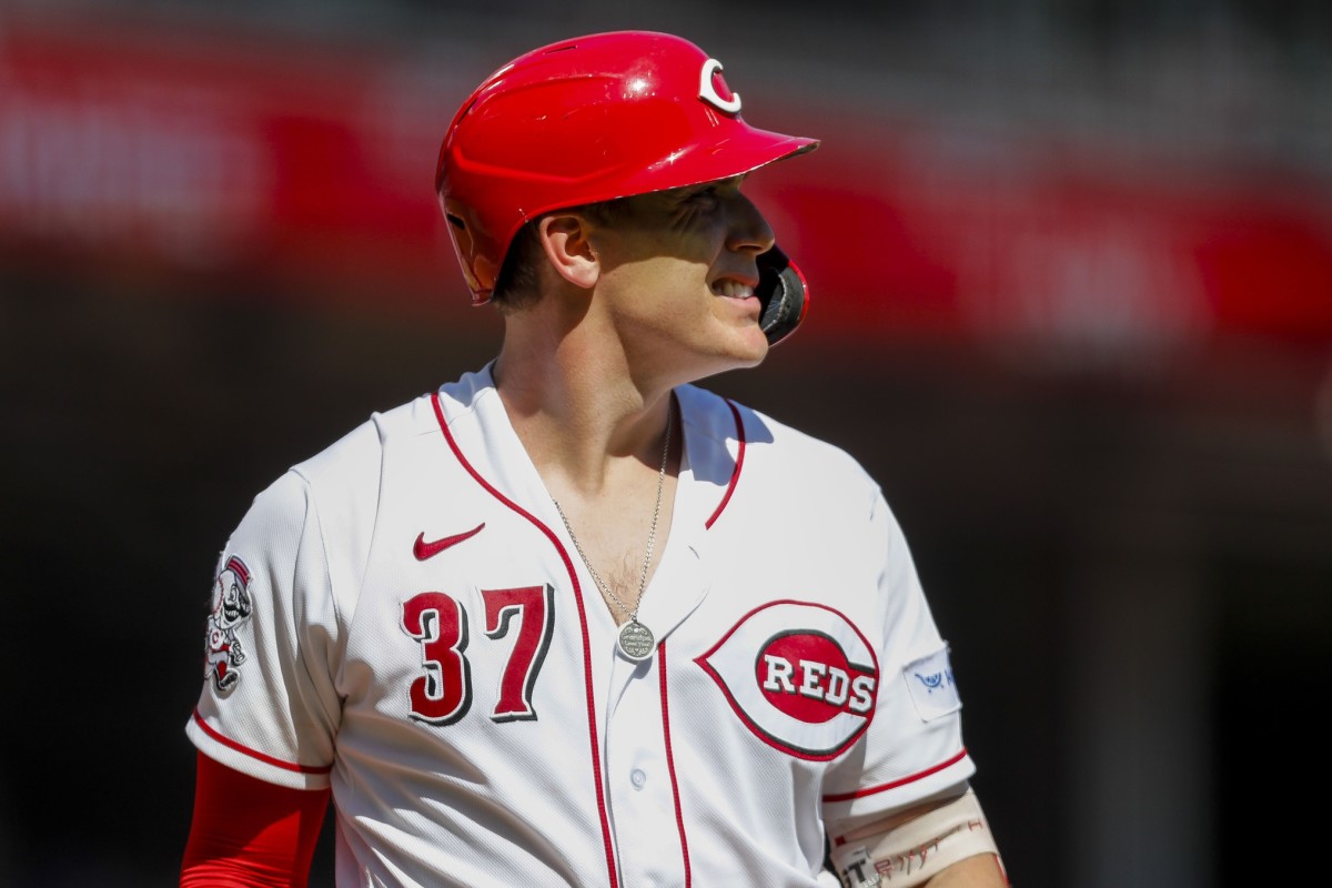 Sep 1, 2023; Cincinnati, Ohio, USA; Cincinnati Reds catcher Tyler Stephenson (37) reacts after striking out against the Chicago Cubs in the eighth inning at Great American Ball Park. Mandatory Credit: Katie Stratman-USA TODAY Sports  