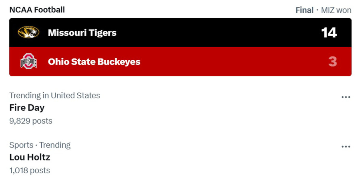 Screen grab from X denoting trends following the 2023 Cotton Bowl.