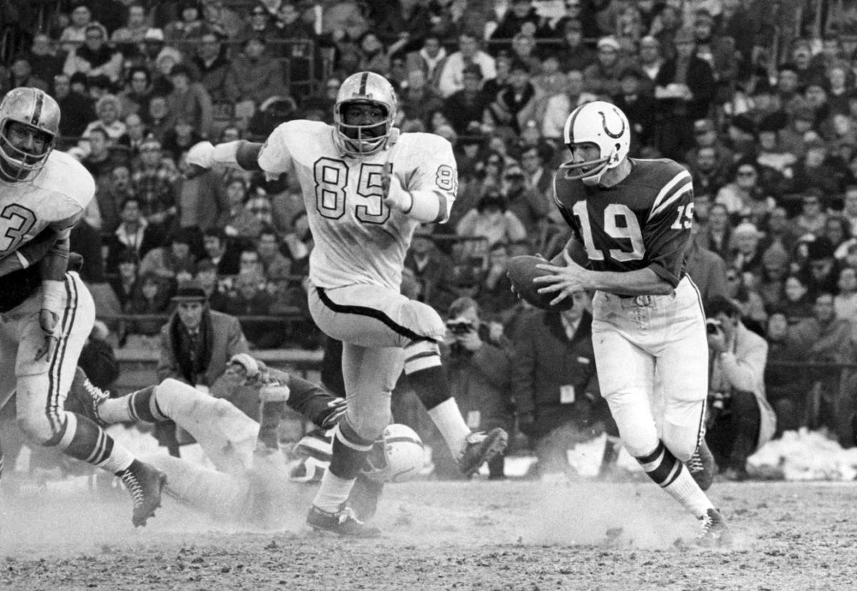 Jan 3, 1971; Baltimore, MD, USA; FILE PHOTO; Baltimore Colts quarterback Johnny Unitas (19) in action against the Oakland Raiders during the 1970 AFC Championship game at Memorial Stadium.