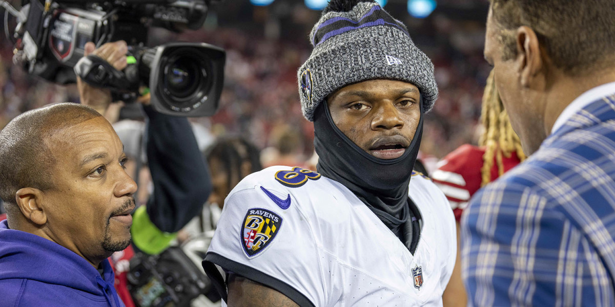 Baltimore Ravens quarterback Lamar Jackson is interviewed after his team’s win over the San Francisco 49ers on Dec. 25, 2023.