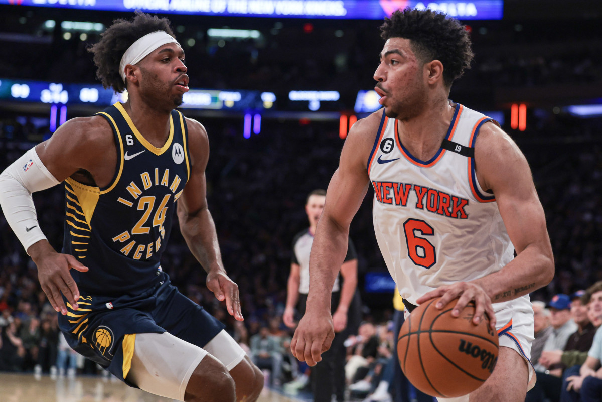 Apr 9, 2023; New York, New York, USA; New York Knicks guard Quentin Grimes (6) dribbles against Indiana Pacers guard Buddy Hield (24) during the second half at Madison Square Garden.