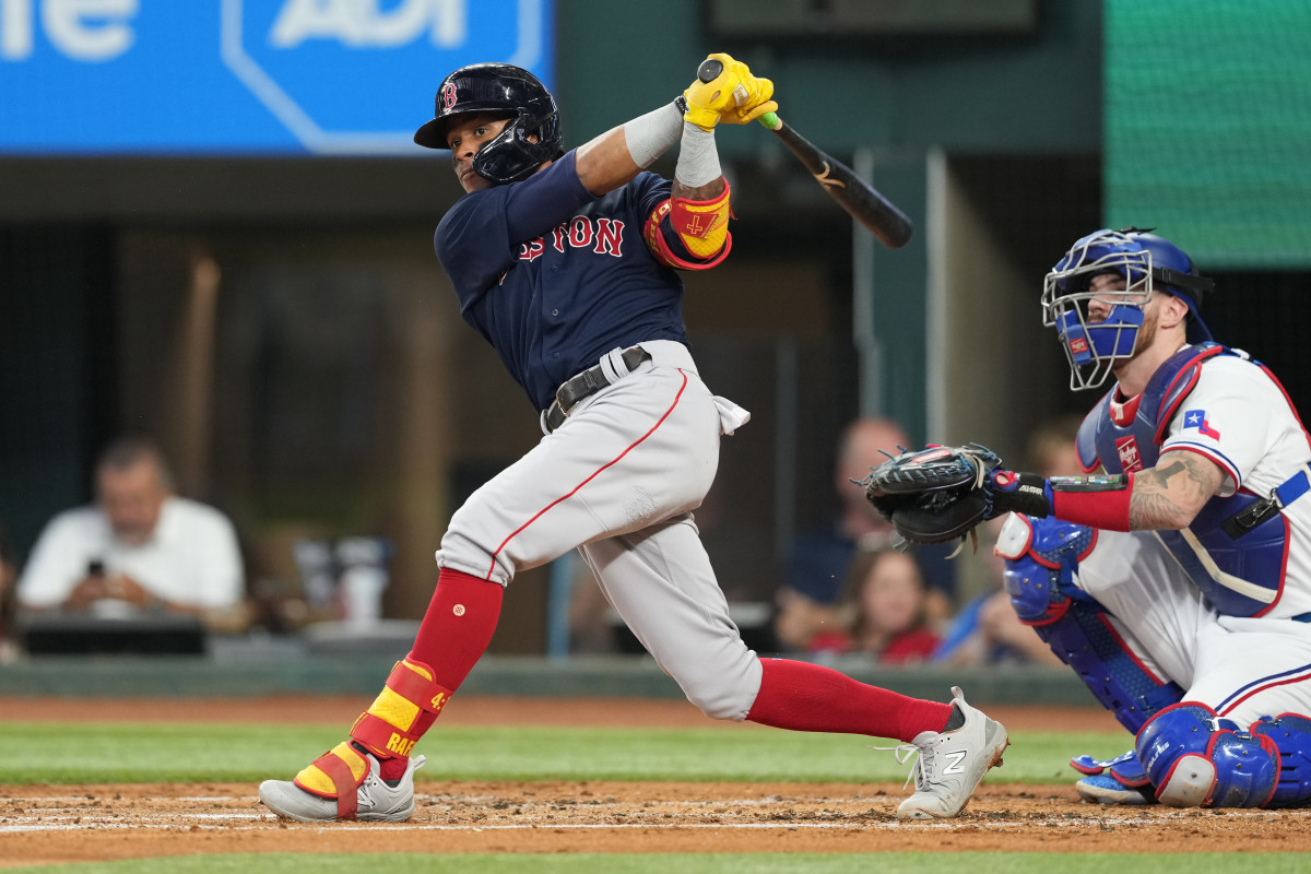 Boston Red Sox shortstop Ceddanne Rafaela follows through on his single against the Texas Rangers during the second inning at Globe Life Field. (2023)
