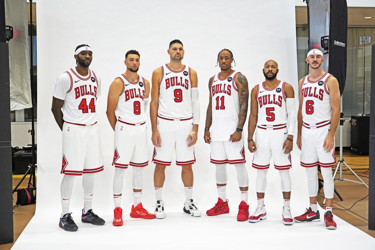 Chicago Bulls forward Patrick Williams (44), guard Zach LaVine (8), center Nikola Vucevic (9), forward DeMar DeRozan (11), guard Jevon Carter (5), and guard Alex Caruso (6) during Chicago Bulls Media Day at Advocate Center. Mandatory