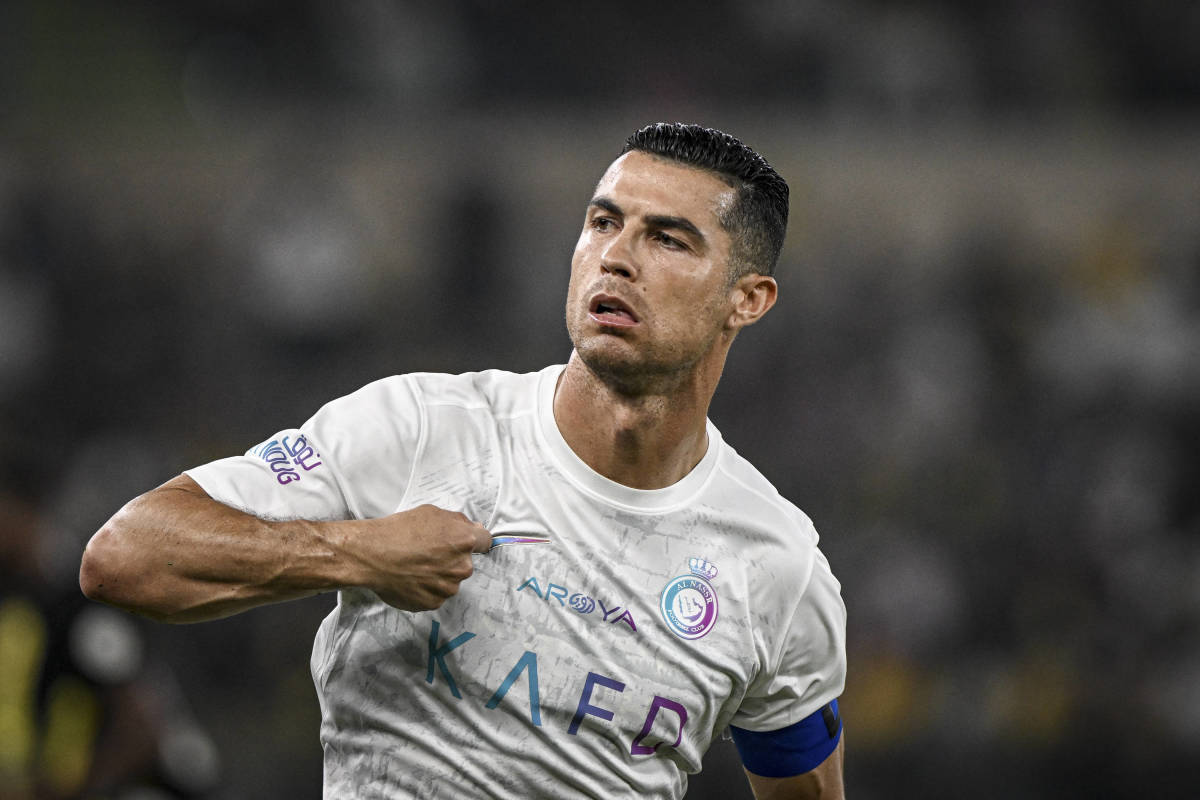 Cristiano Ronaldo pictured celebrating a goal during Al Nassr's 5-2 win over Al-Ittihad in December 2023