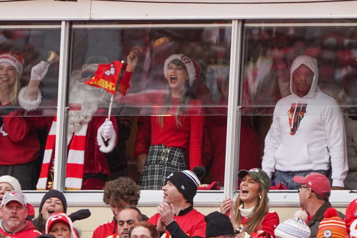 Taylor Swift cheers during the first half of the game between the Kansas City Chiefs and Las Vegas Raiders at GEHA Field at Arrowhead Stadium.