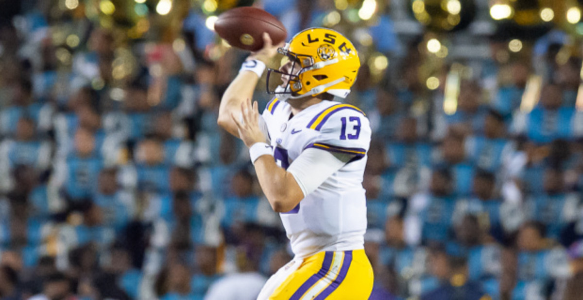 LSU Tigers quarterback Garrett Nussmeier attempts a pass during a college football game in the SEC.