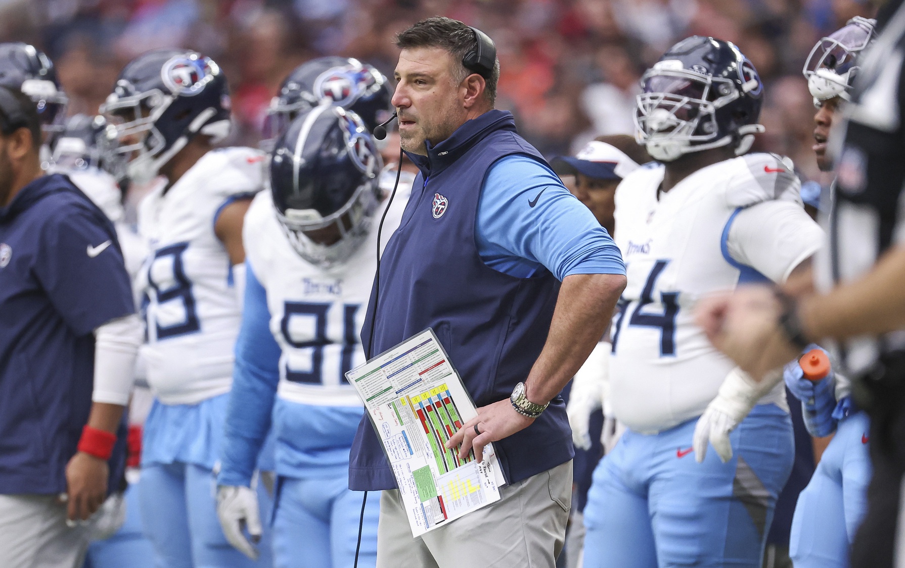 ec 31, 2023; Houston, Texas, USA; Tennessee Titans head coach Mike Vrabel reacts during the first half against the Houston Texans at NRG Stadium. Mandatory Credit: Troy Taormina-USA TODAY Sports