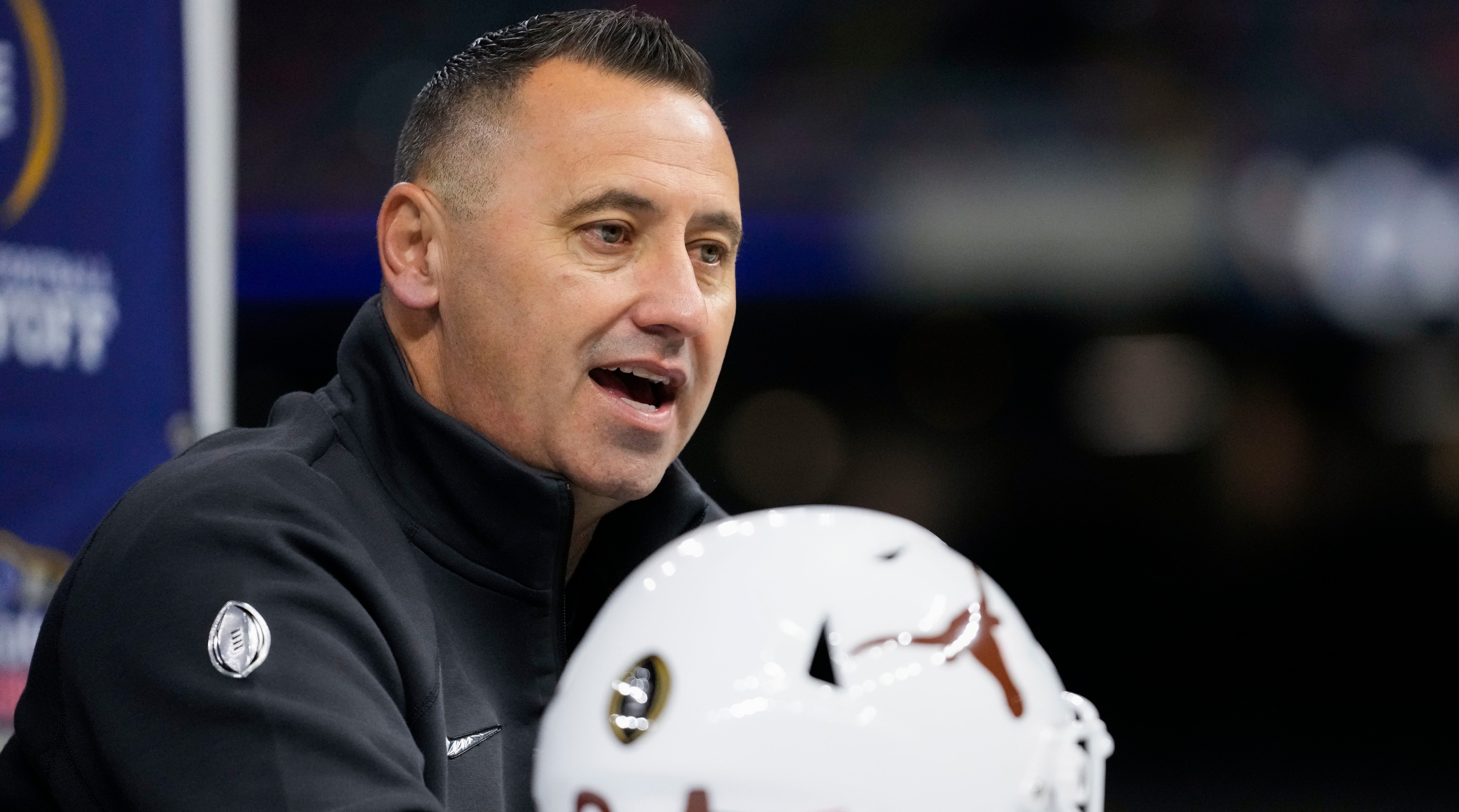Texas head coach Steve Sarkisian speaks during media day for the the upcoming Sugar Bowl and college football semifinal game against Washington.