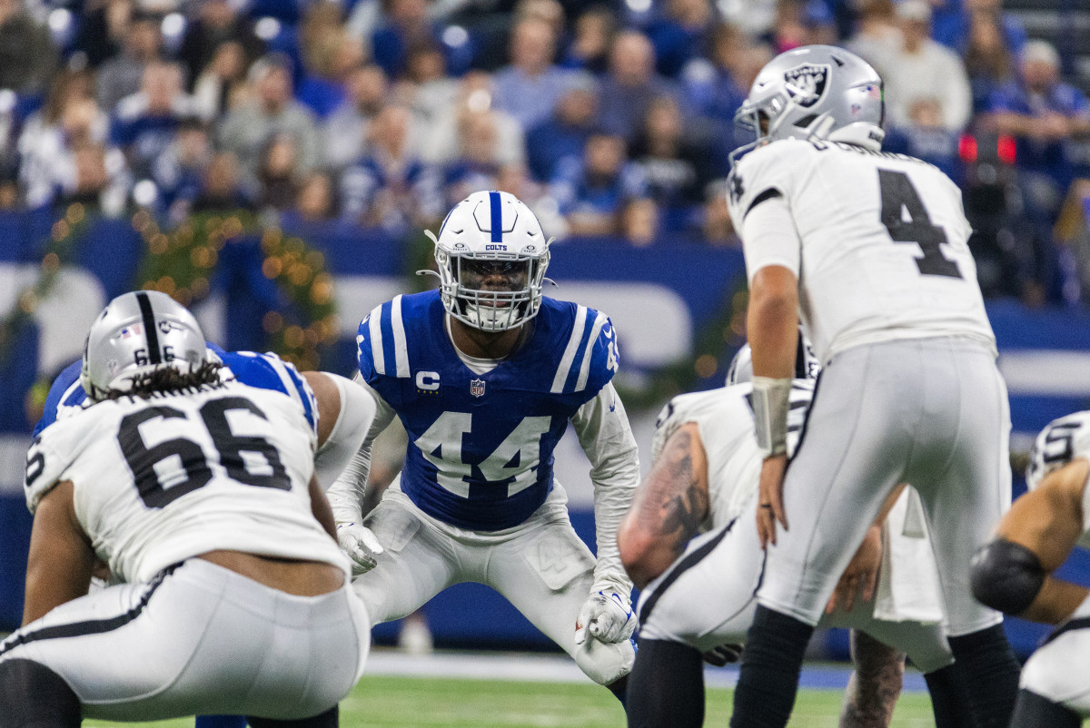Dec 31, 2023; Indianapolis, Indiana, USA; Indianapolis Colts linebacker Zaire Franklin (44) in the second half against the Las Vegas Raiders at Lucas Oil Stadium.
