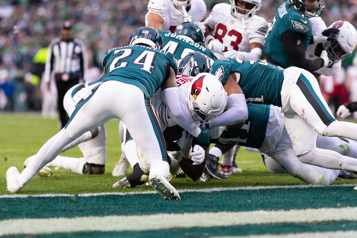 Dec 31, 2023; Philadelphia, Pennsylvania, USA; Arizona Cardinals running back James Conner (6) runs for a touchdown against the Philadelphia Eagles during the fourth quarter at Lincoln Financial Field.