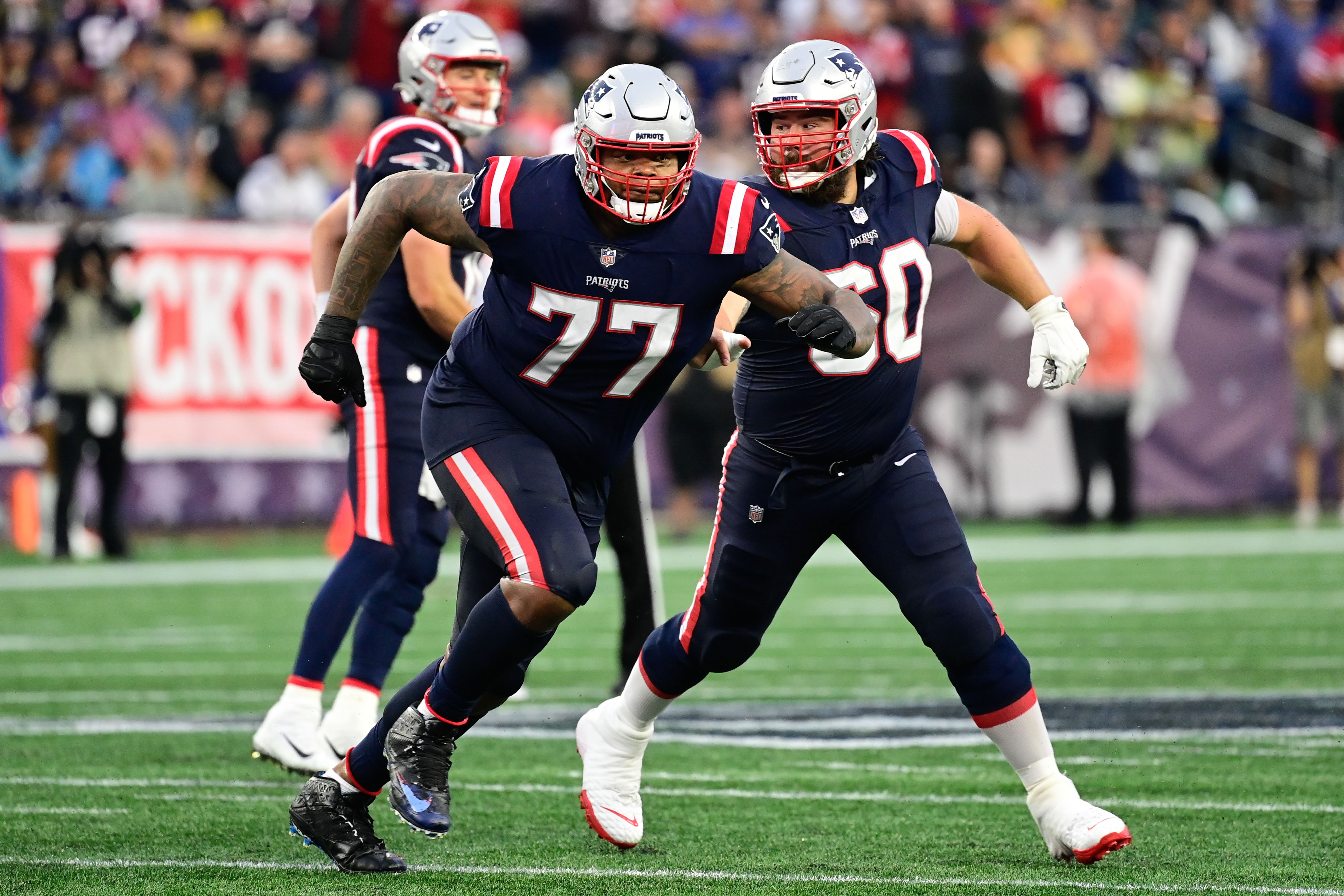 Sep 10, 2023; Foxborough, Massachusetts, USA; New England Patriots offensive tackle Trent Brown (77) in action during the second half against the Philadelphia Eagles at Gillette Stadium. 