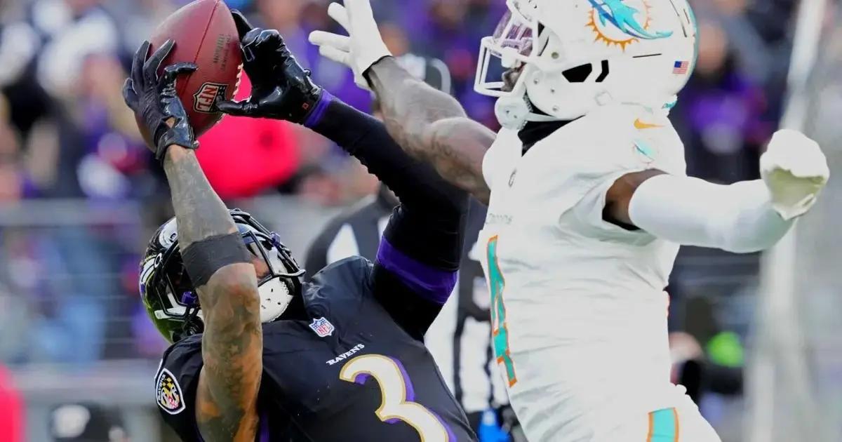 Odell Beckham Jr. making a catch as he falls backwards against the Miami Dolphins.