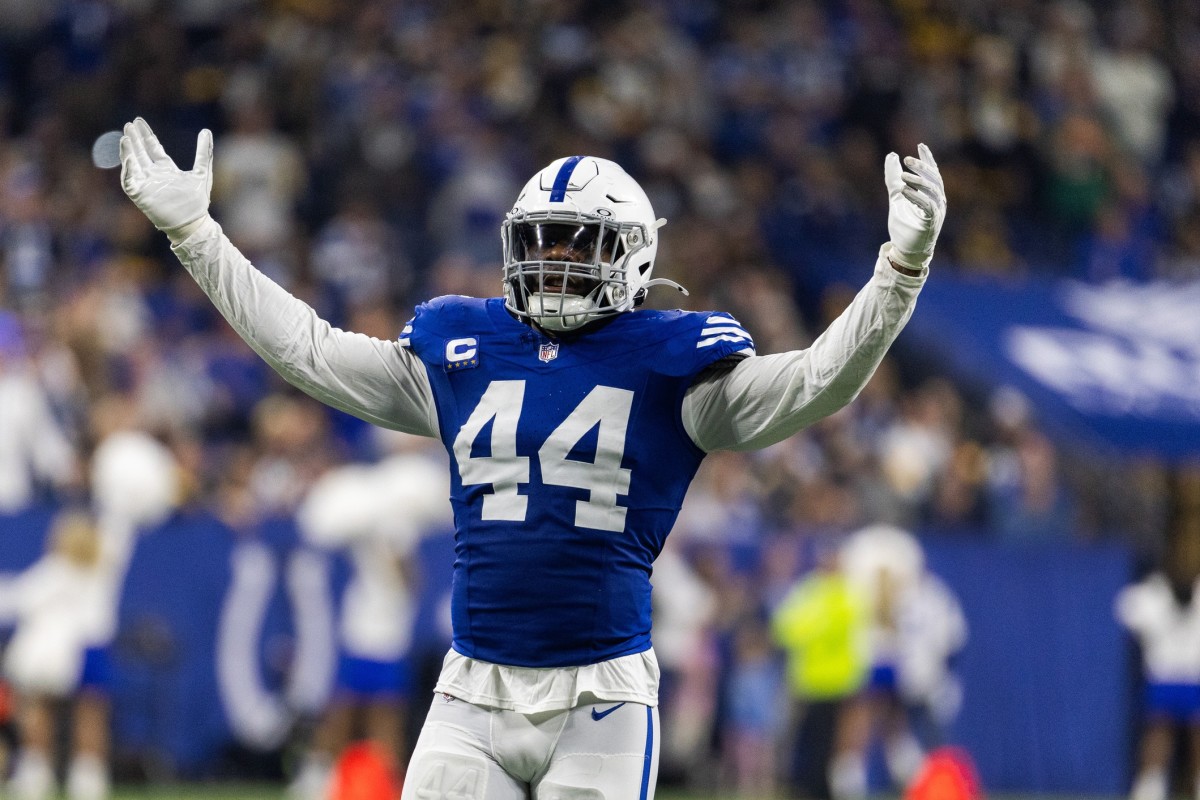 Dec 16, 2023; Indianapolis, Indiana, USA; Indianapolis Colts linebacker Zaire Franklin (44) pumps up the crowd in the first half against the Pittsburgh Steelers at Lucas Oil Stadium.