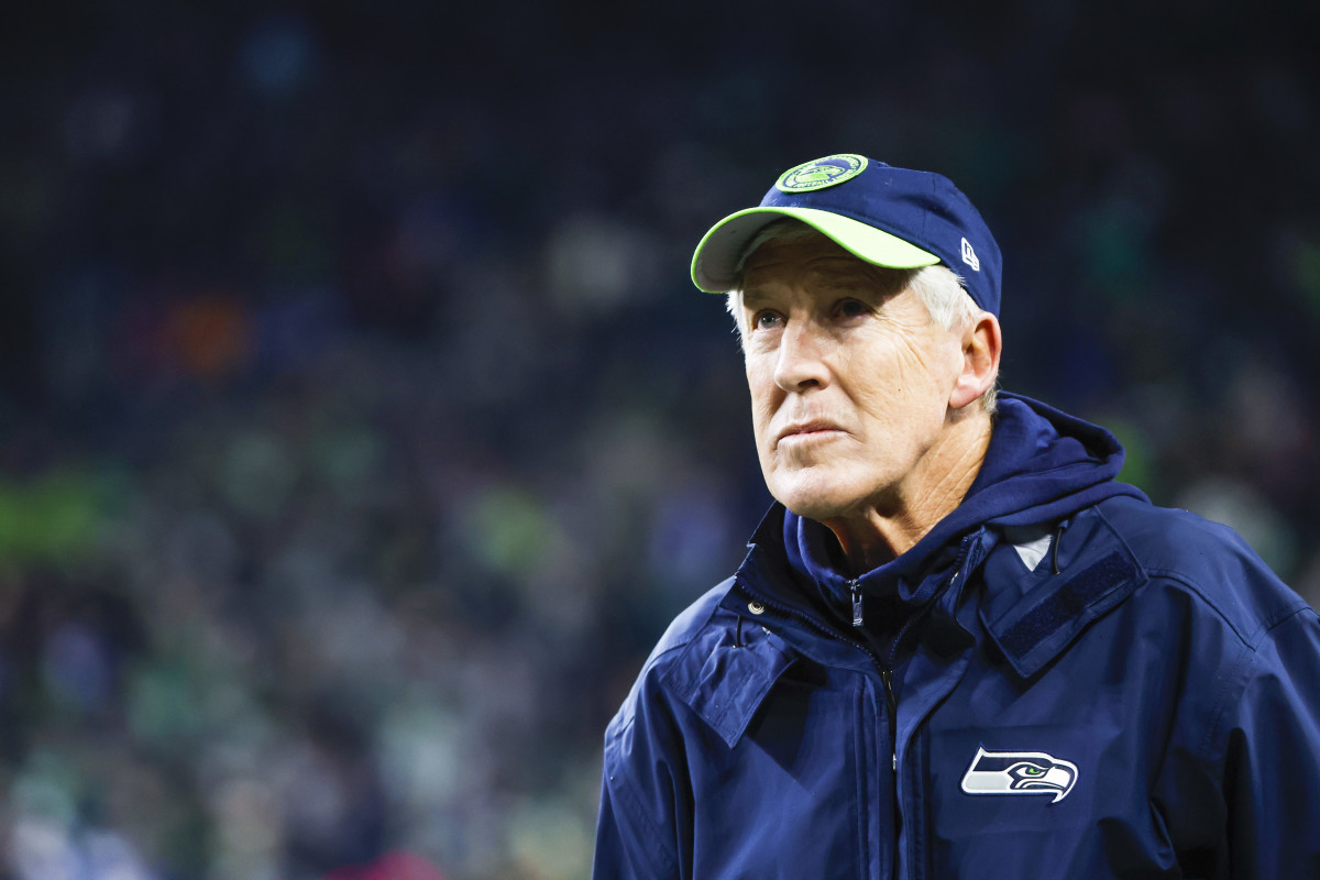 Seattle Seahawks head coach Pete Carroll stands on the sideline during the third quarter against the Philadelphia Eagles at Lumen Field.