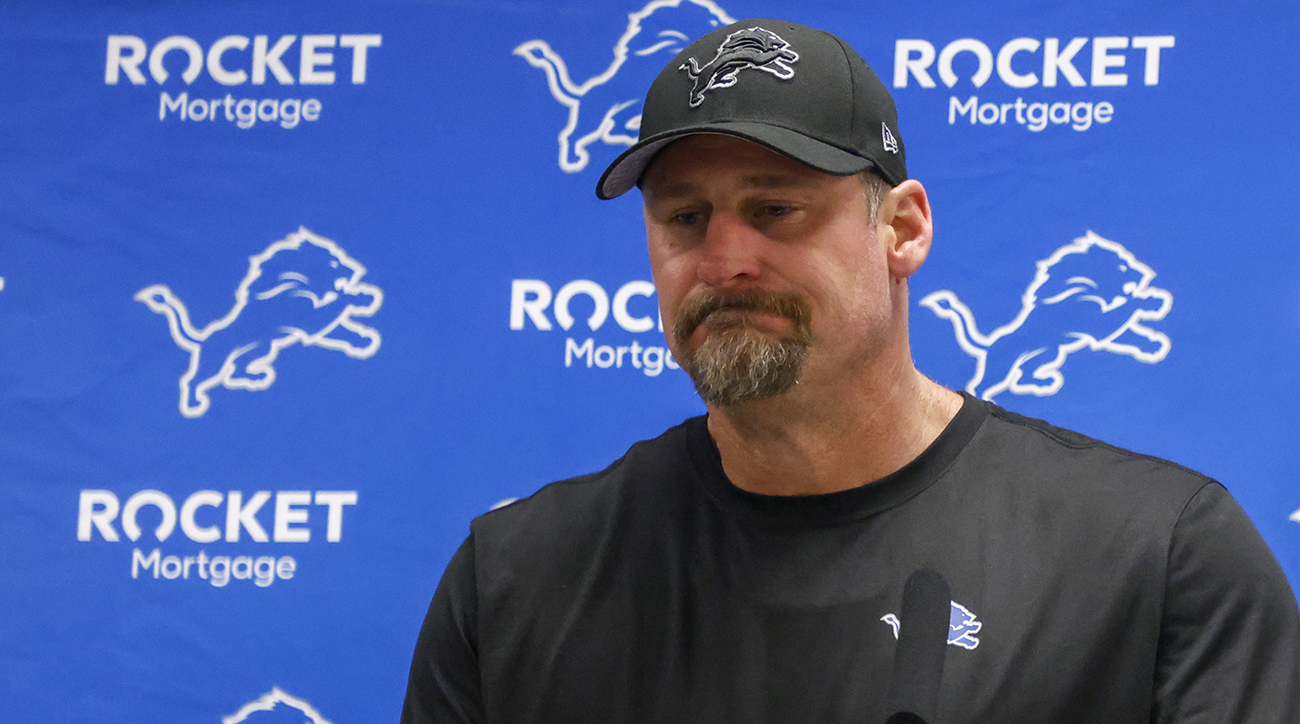 Detroit Lions coach Dan Campbell speaks to reporters following an NFL football game against the Dallas Cowboys.