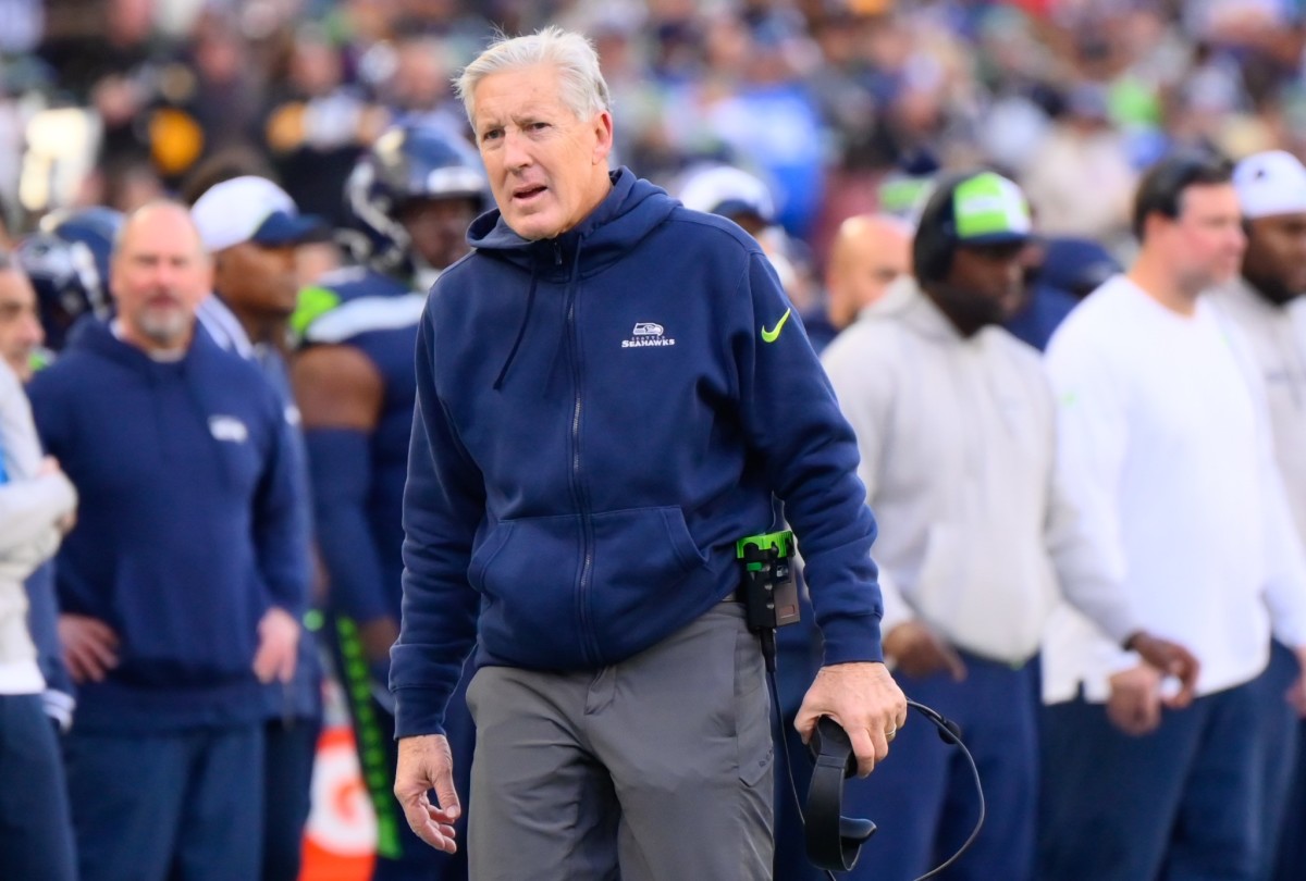 Seattle Seahawks head coach Pete Carroll walks towards a referee during the first half against the Pittsburgh Steelers at Lumen Field.