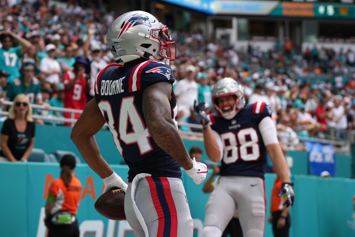 Oct 29, 2023; Miami Gardens, Florida, USA; New England Patriots wide receiver Kendrick Bourne (84) celebrates after scoring a touchdown against the Miami Dolphins during the first half at Hard Rock Stadium. 