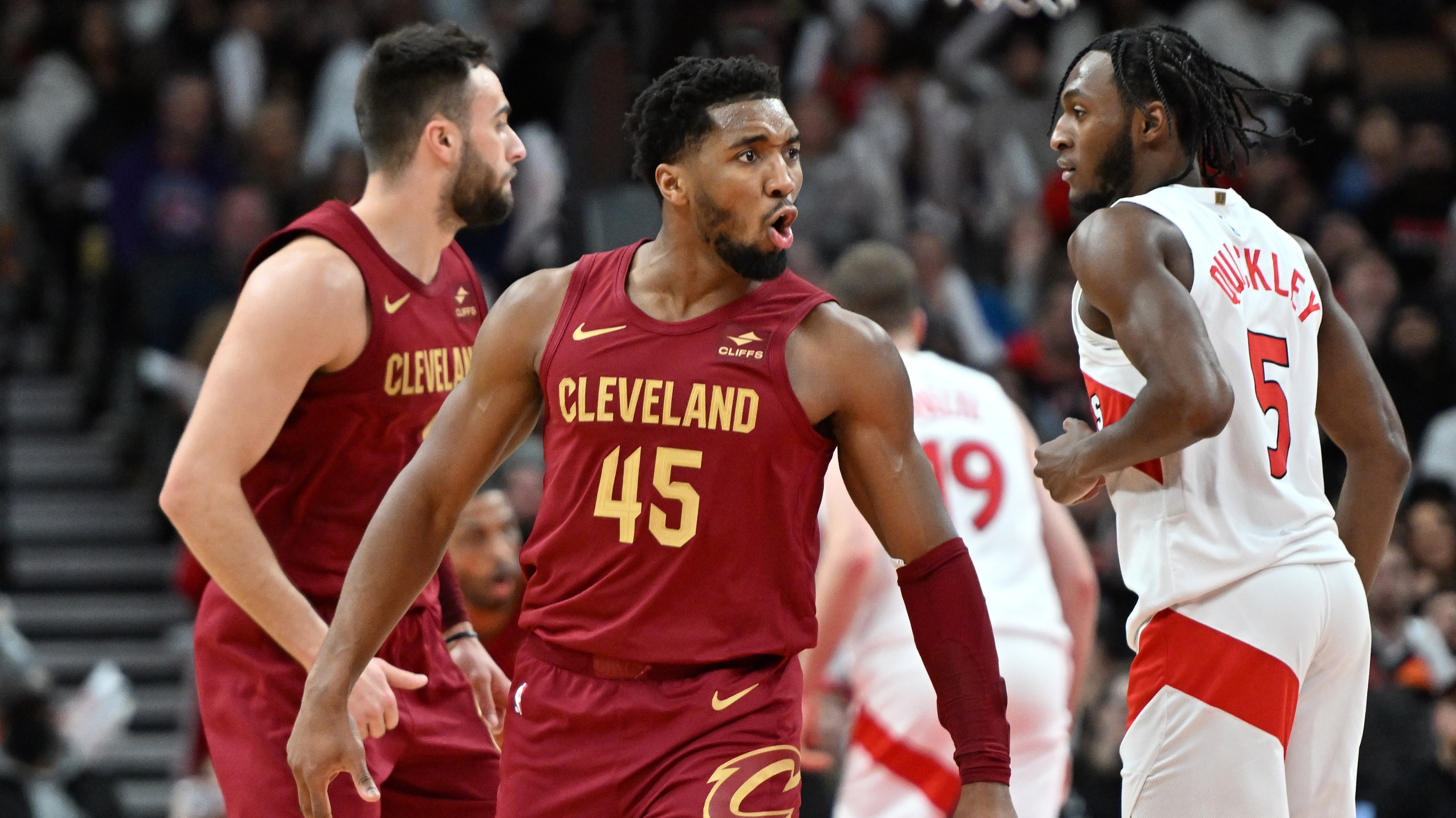 Cleveland Cavaliers guard Donovan Mitchell reacts during a game against the Toronto Raptors.