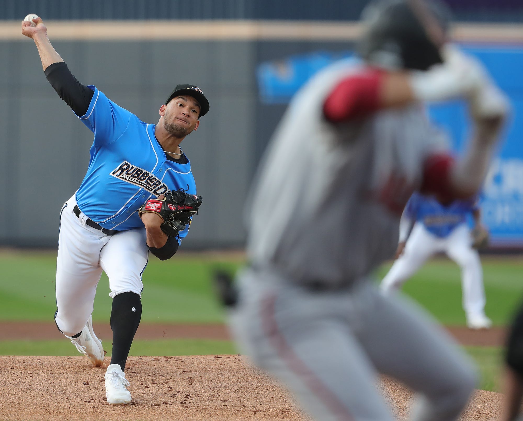 Akron RubberDucks starting pitcher Daniel Espino throws against the Altoona Curve during the first inning of an MiLB baseball game at Canal Park.