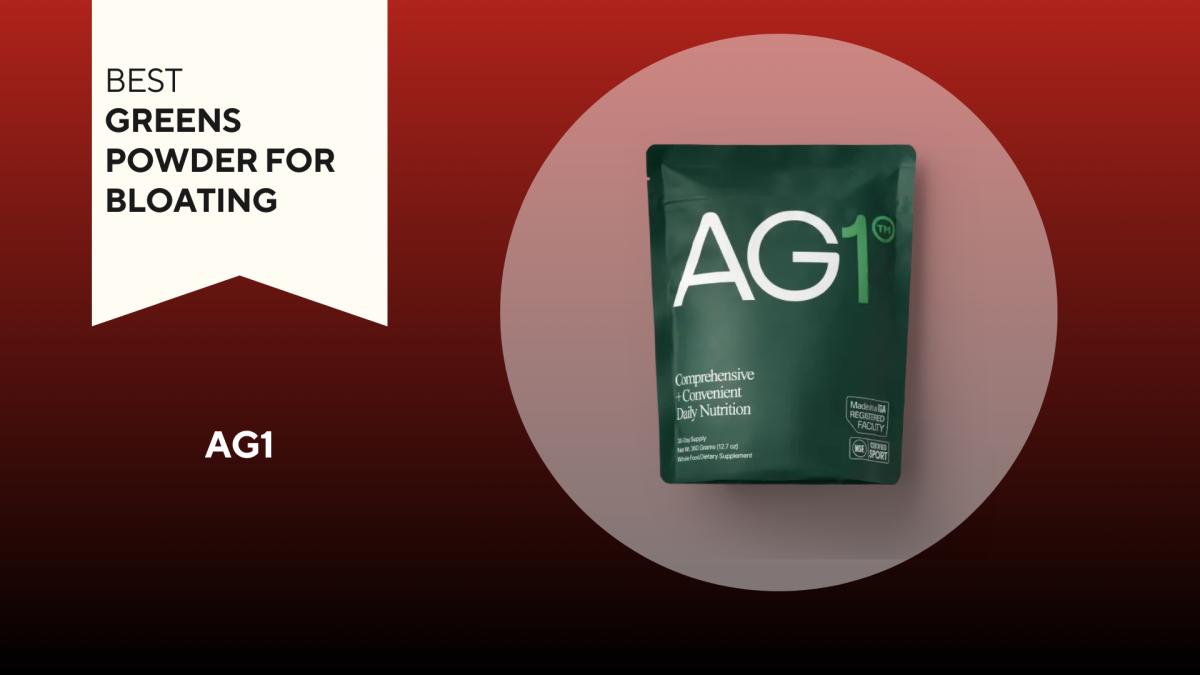 A green bag with white writing on a red background oAG1, our pick for the best greens powder for bloating 