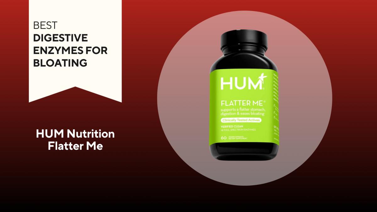 A black container with white writing on a red background of HUM Nutrition Flatter Me, our pick for the best digestive enzymes for bloating 