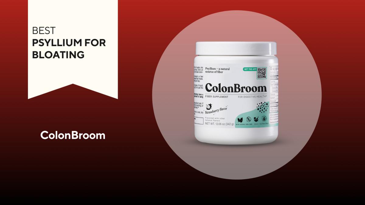 A white container with black writing on a red background of ColonBroom, our pick for the best psyllium for bloating 