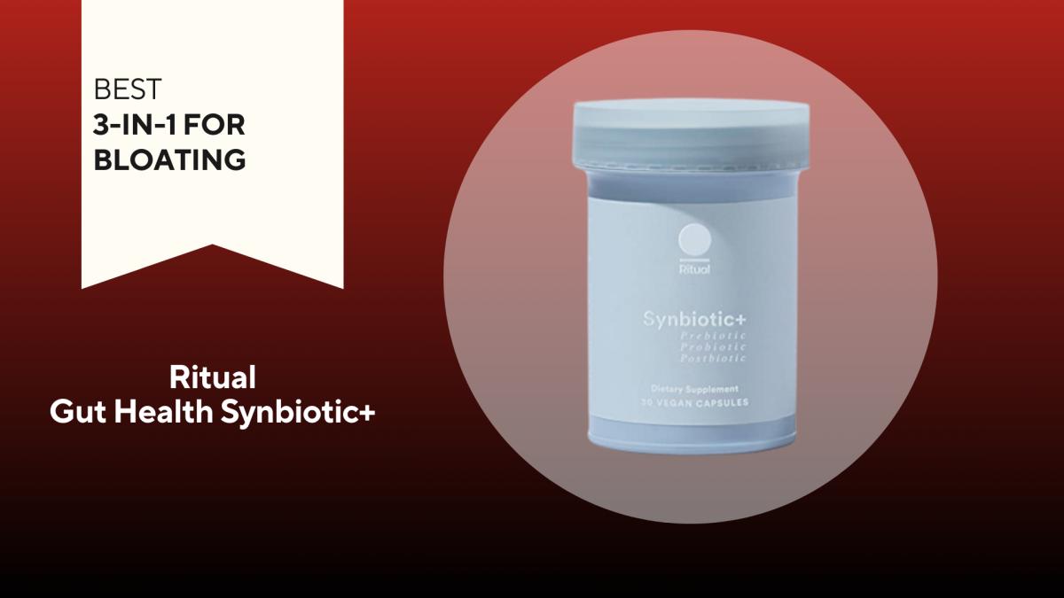 A blue container with white writing on a red background of Ritual Synbiotic+, our pick for the best vitamin D3 for bloating 