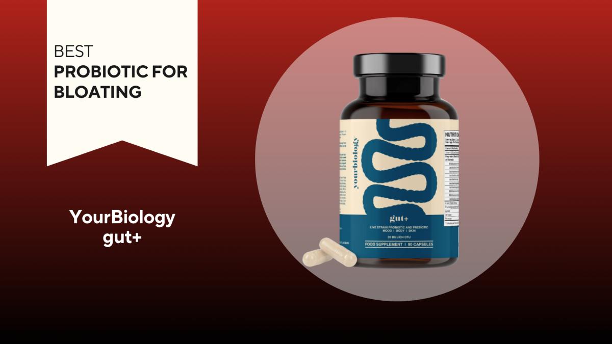 A brown container with blue writing on a red background of YourBiology gut+, our pick for the best probiotic for bloating 