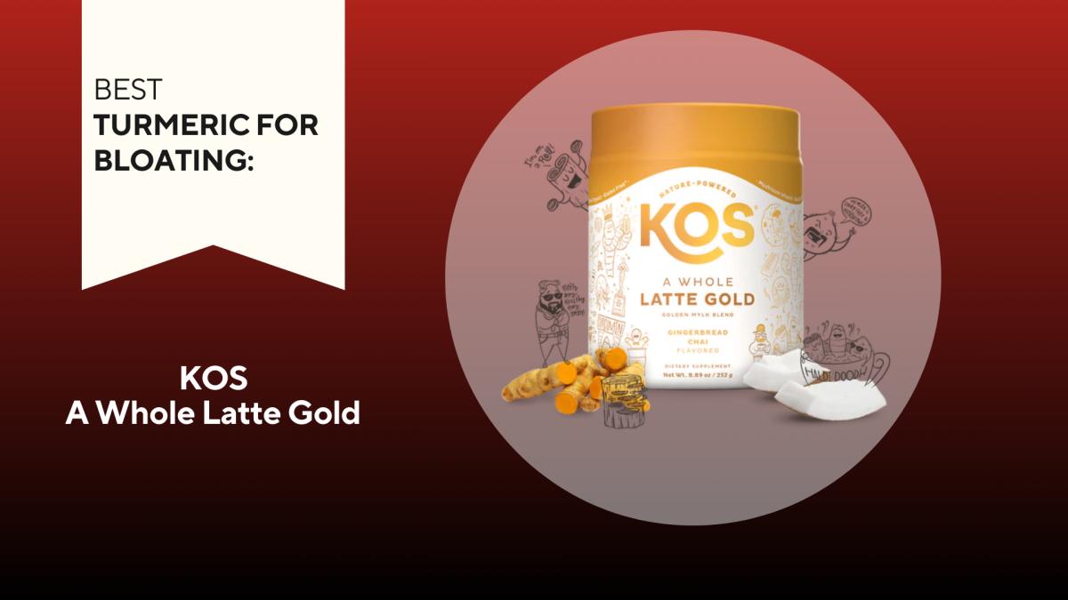 A white container with gold writing on a red background of KOS A Whole Latte Gold, our pick for the best turmeric for bloating
