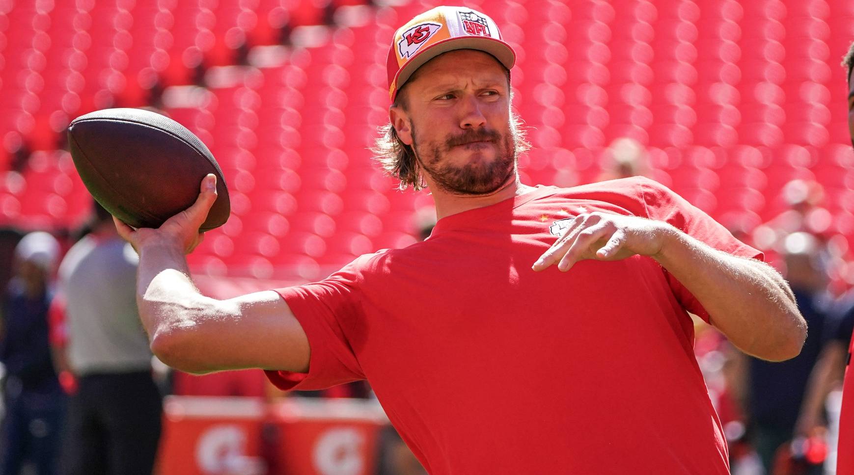 Kansas City Chiefs quarterback Blaine Gabbert throws a pass in warmups before a game.