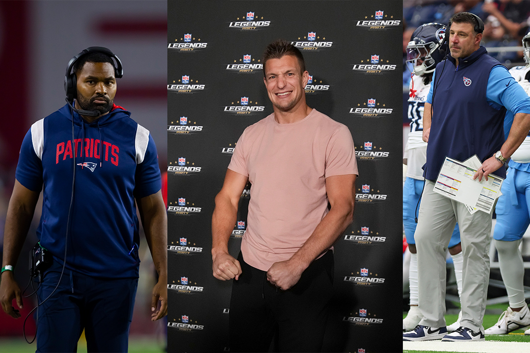 New England Patriots assistant coach Jerod Mayo (left), Rob Gronkowski (middle), Tennessee Titans coach Mike Vrabel (right).