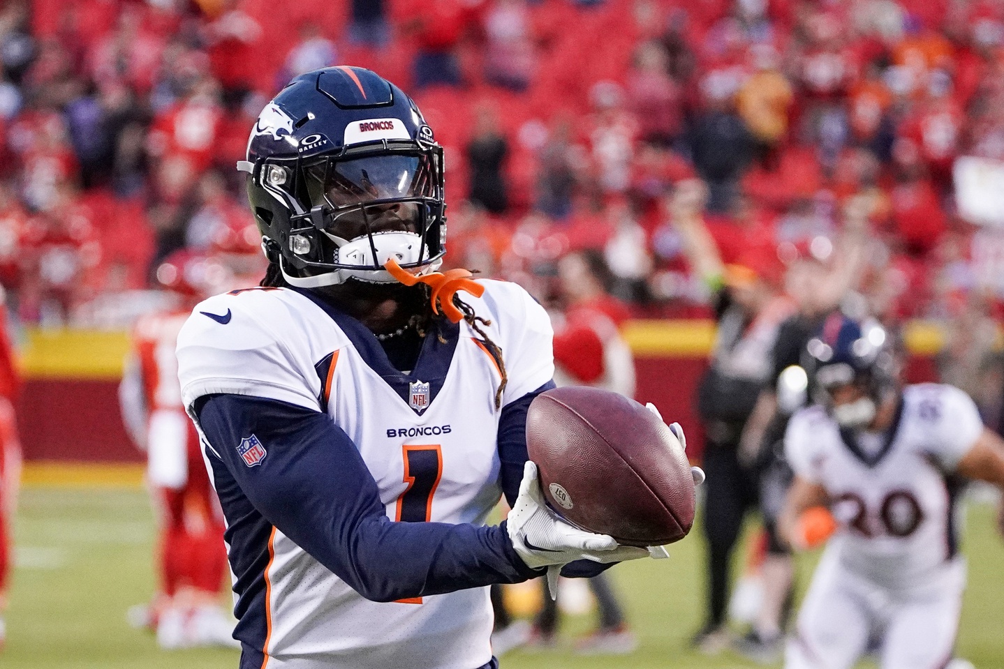 Denver Broncos cornerback Tremon Smith (1) warms up against the Kansas City Chiefs prior to a game at GEHA Field at Arrowhead Stadium.