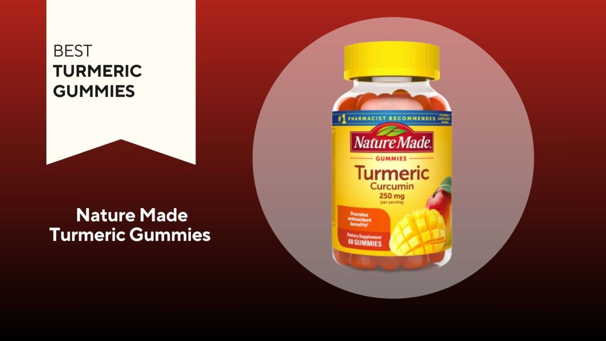 Clear pill bottle with orange gummies inside and a yellow label that reads "Turmeric"