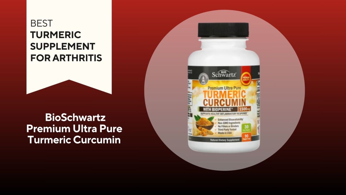 White pill bottle with a yellow label that reads "Turmeric Curcumin" against a red background