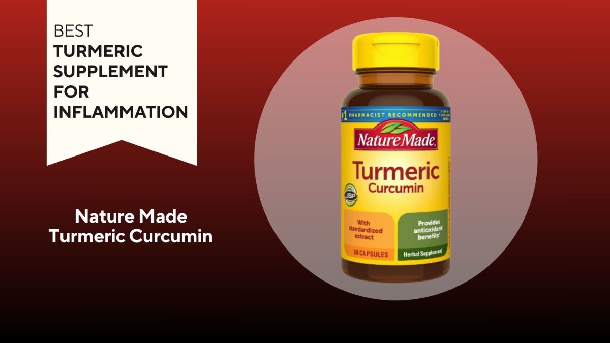 Brown pill bottle with a yellow label that reads "Turmeric" against a red background