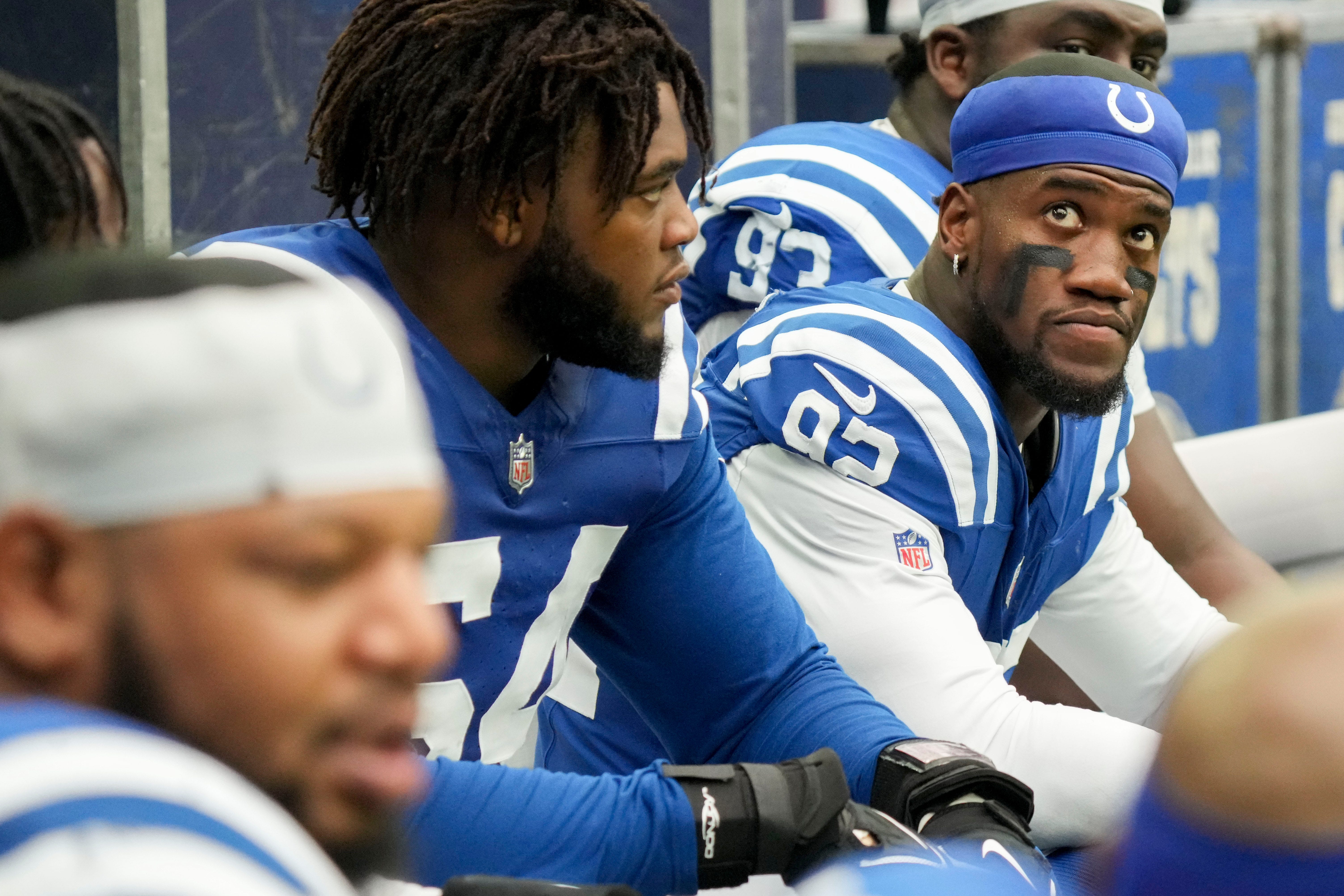 Indianapolis Colts defensive end Jake Martin (92) sits on the bench Sunday, Sept. 17, 2023, during a game against the Houston Texans at NRG Stadium in Houston
