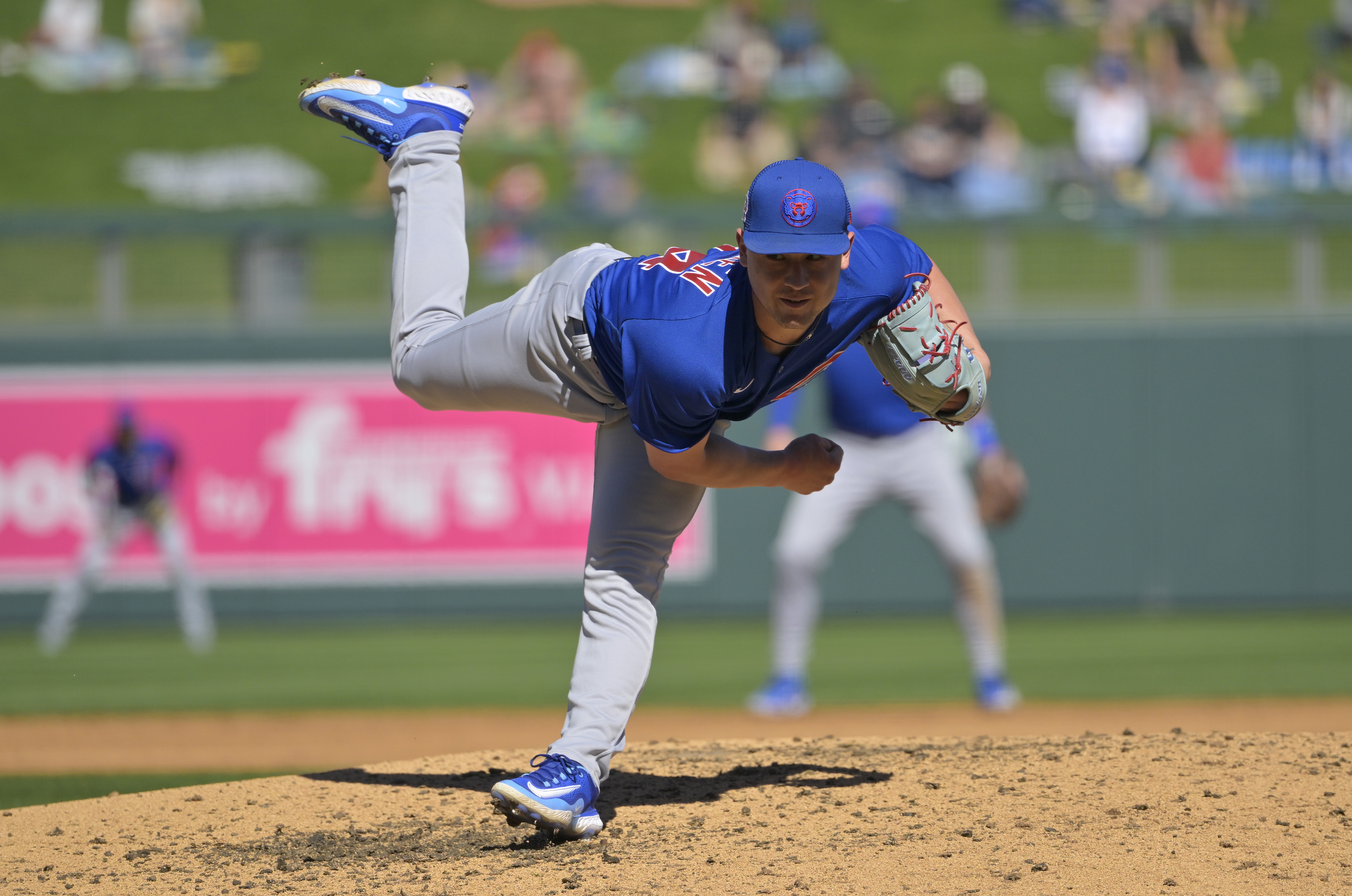 Feb 27, 2023; Salt River Pima-Maricopa, Arizona, USA; Chicago Cubs starting pitcher Ryan Jensen (84) throws to the plate in the sixth inning of a spring training game against the Arizona Diamondbacks at Salt River Fields at Talking Stick.