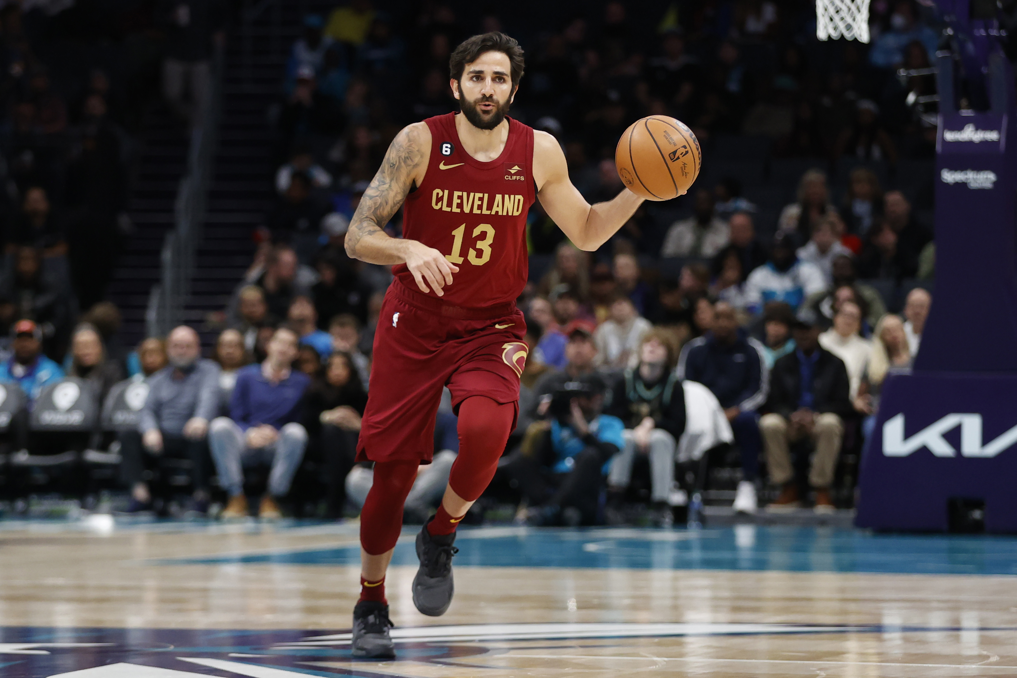 Mar 12, 2023; Charlotte, North Carolina, USA; Cleveland Cavaliers guard Ricky Rubio (13) brings the ball up the court during the first half against the Charlotte Hornets at Spectrum Center.