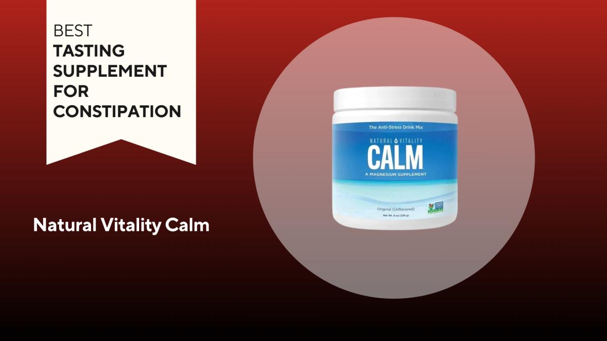 An image of a container of Natual Vitality Calm against a red background.