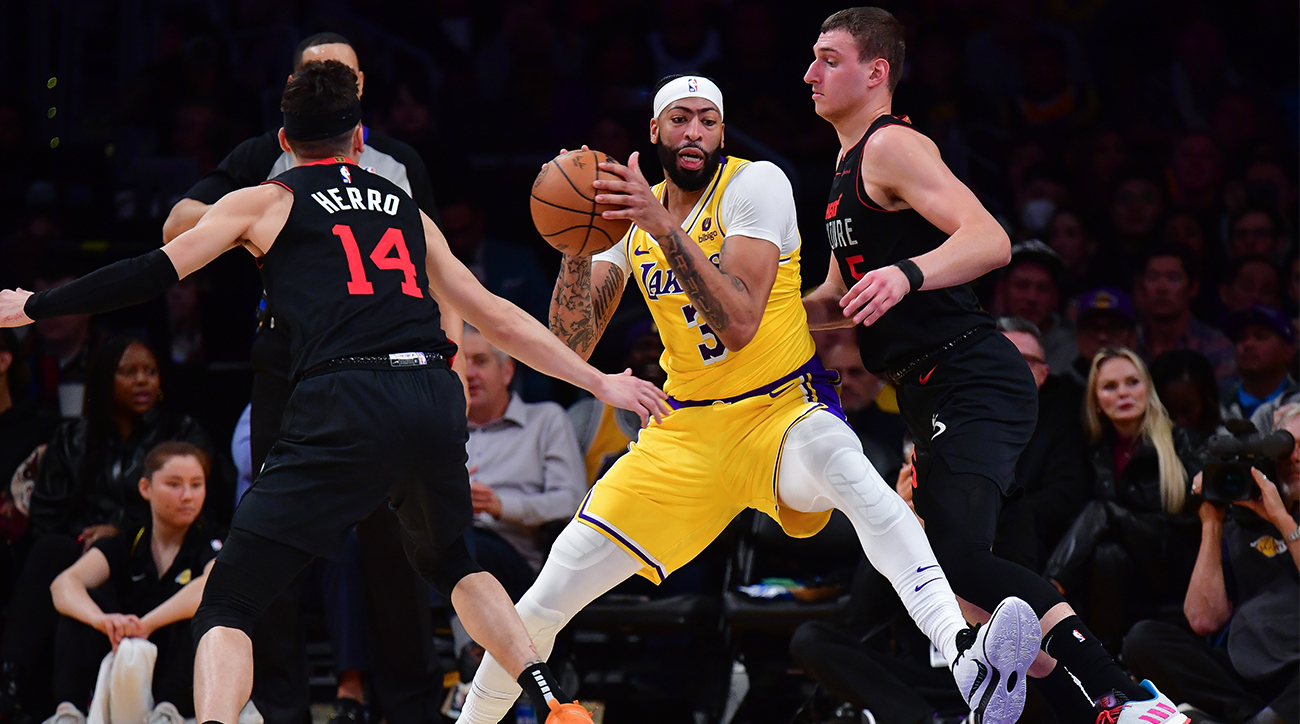 Lakers’ Anthony Davis posts up vs. the Heat.
