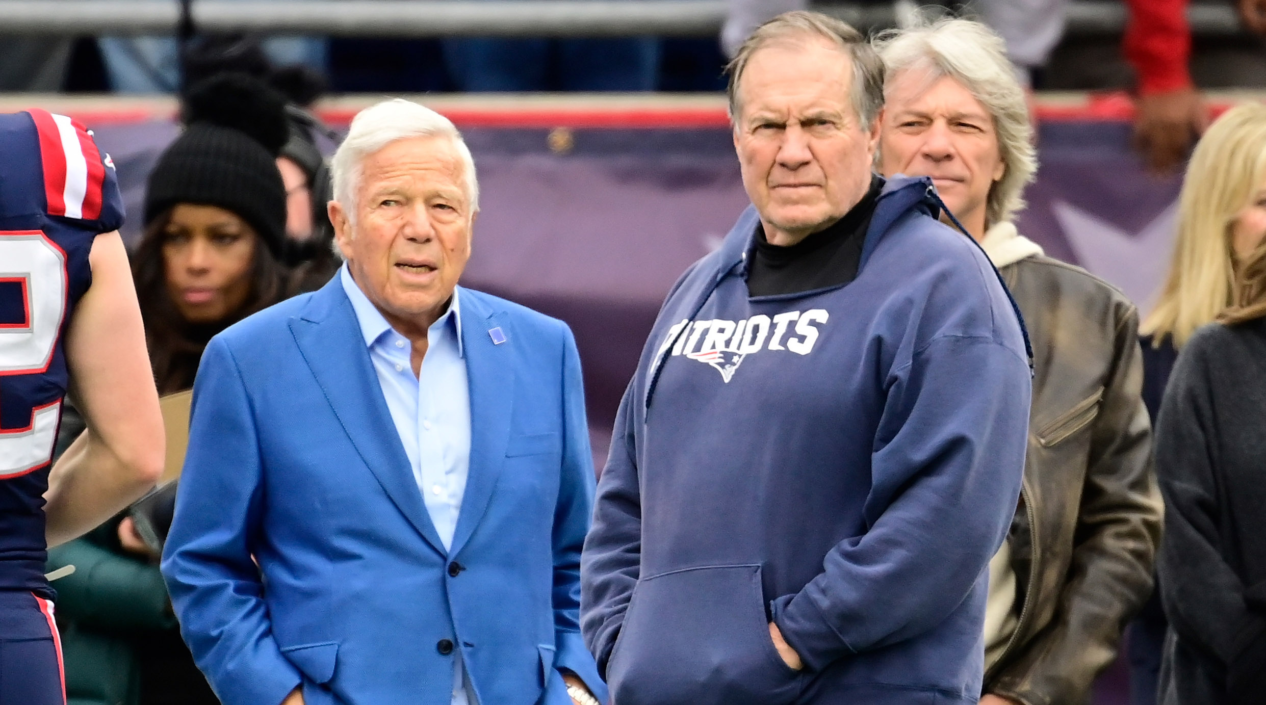 New England Patriots head coach Bill Belichick and Patriots owner Robert Kraft watch the field during warm-ups before a game against the Kansas City Chiefs.
