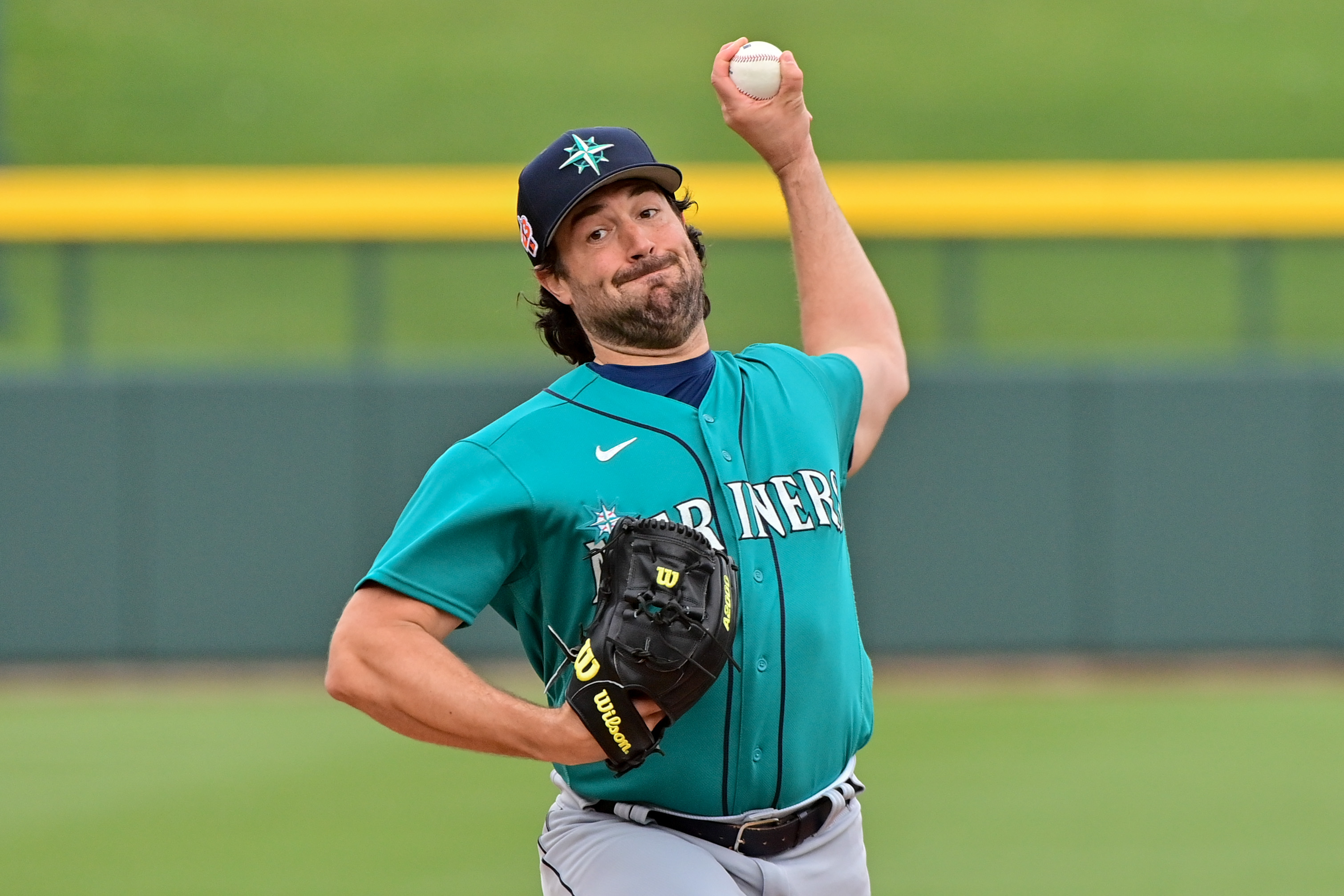 Seattle Mariners starting pitcher Robbie Ray throws in the first inning against the Chicago Cubs during a Spring Training game at Sloan Park. (2023)