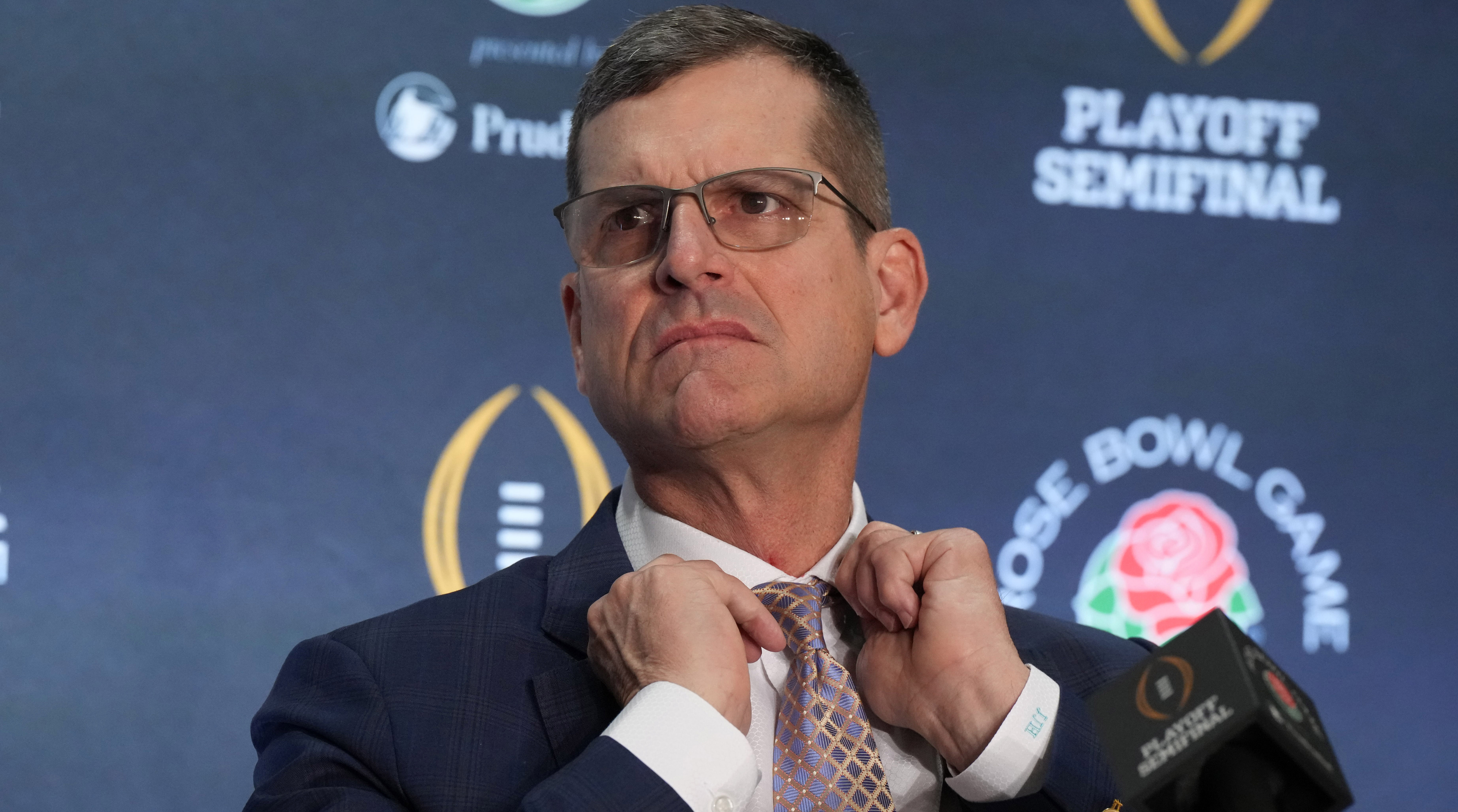 Michigan Wolverines head coach Jim Harbaugh at the Rose Bowl coaches press conference.