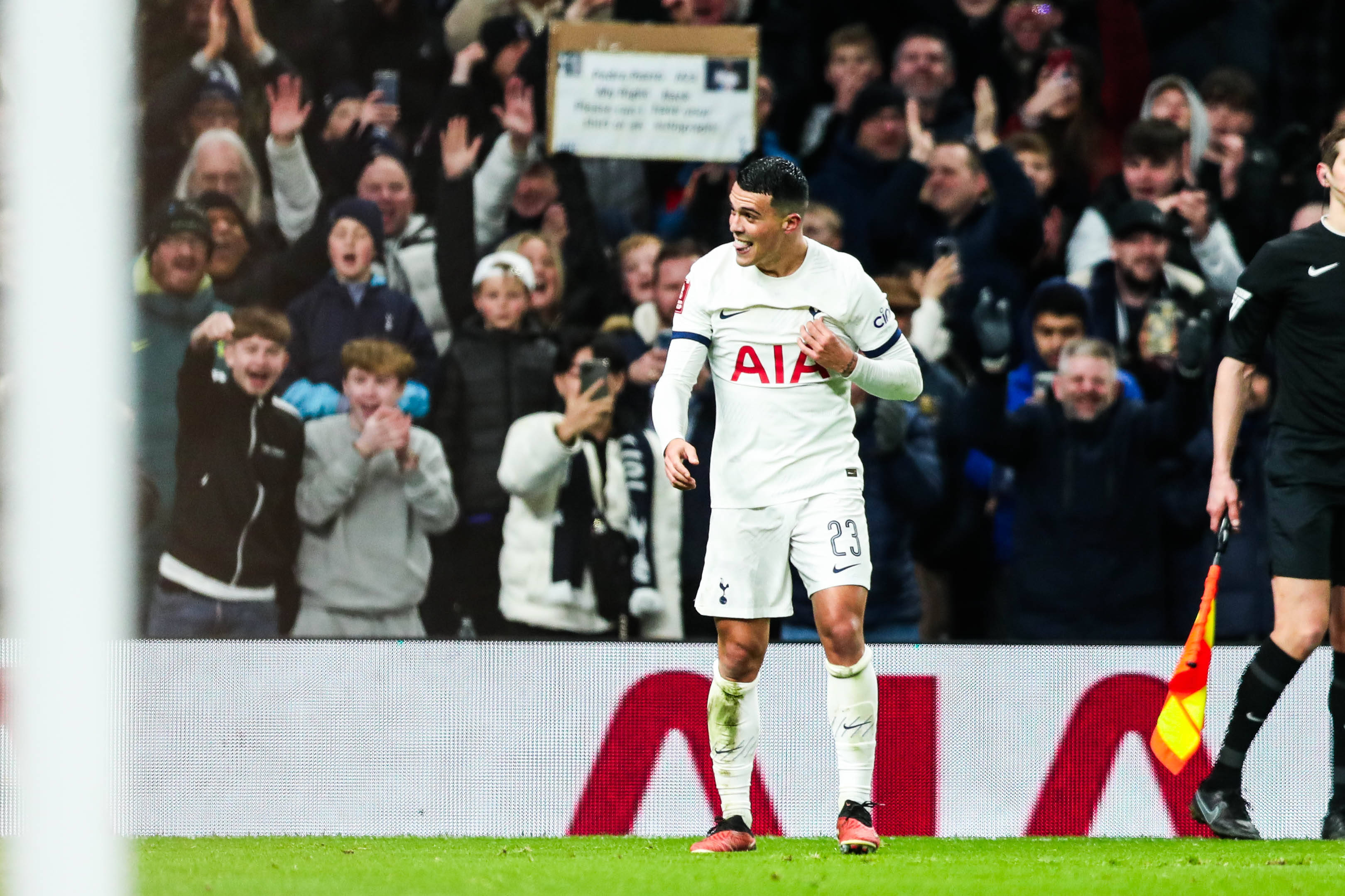 Pedro Porro pictured celebrating after scoring a brilliant goal for Tottenham Hotspur in a 1-0 win over Burnley in the FA Cup in January 2024
