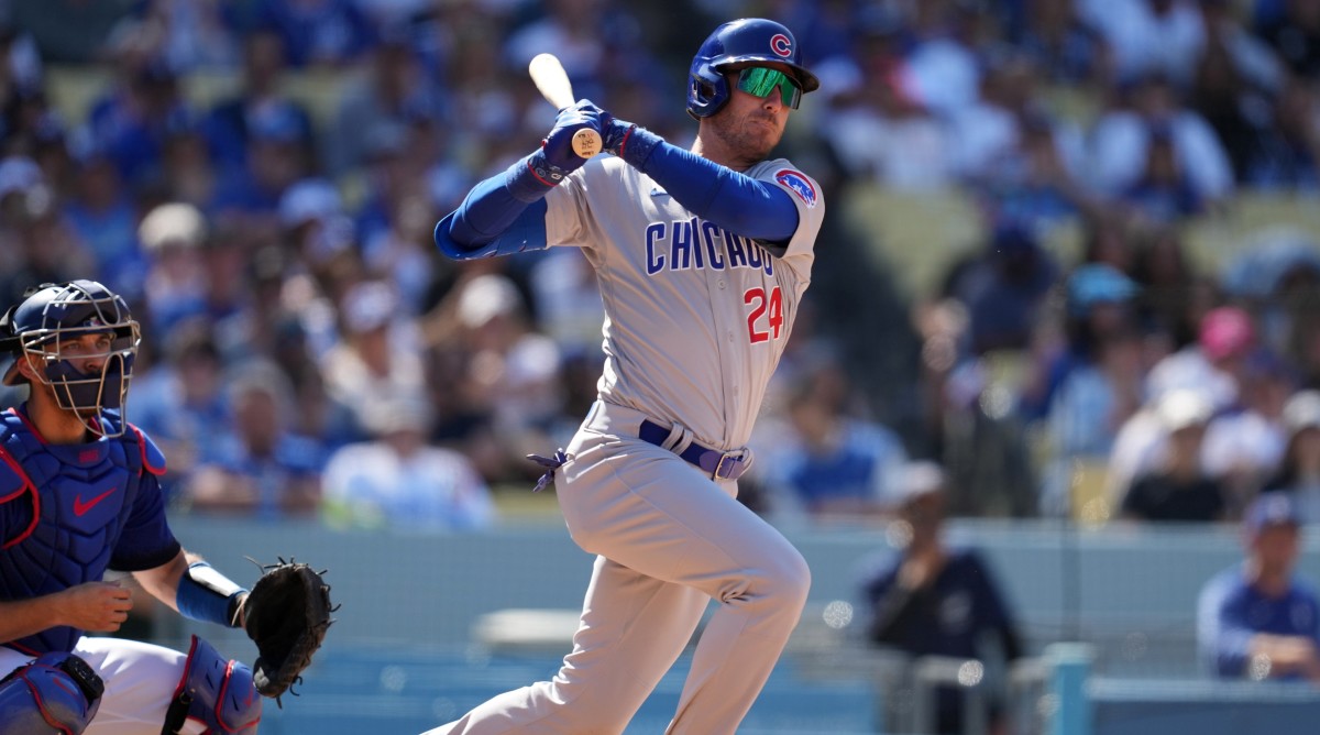 Chicago Cubs center fielder Cody Bellinger (24) bats against the Los Angeles Dodgers.