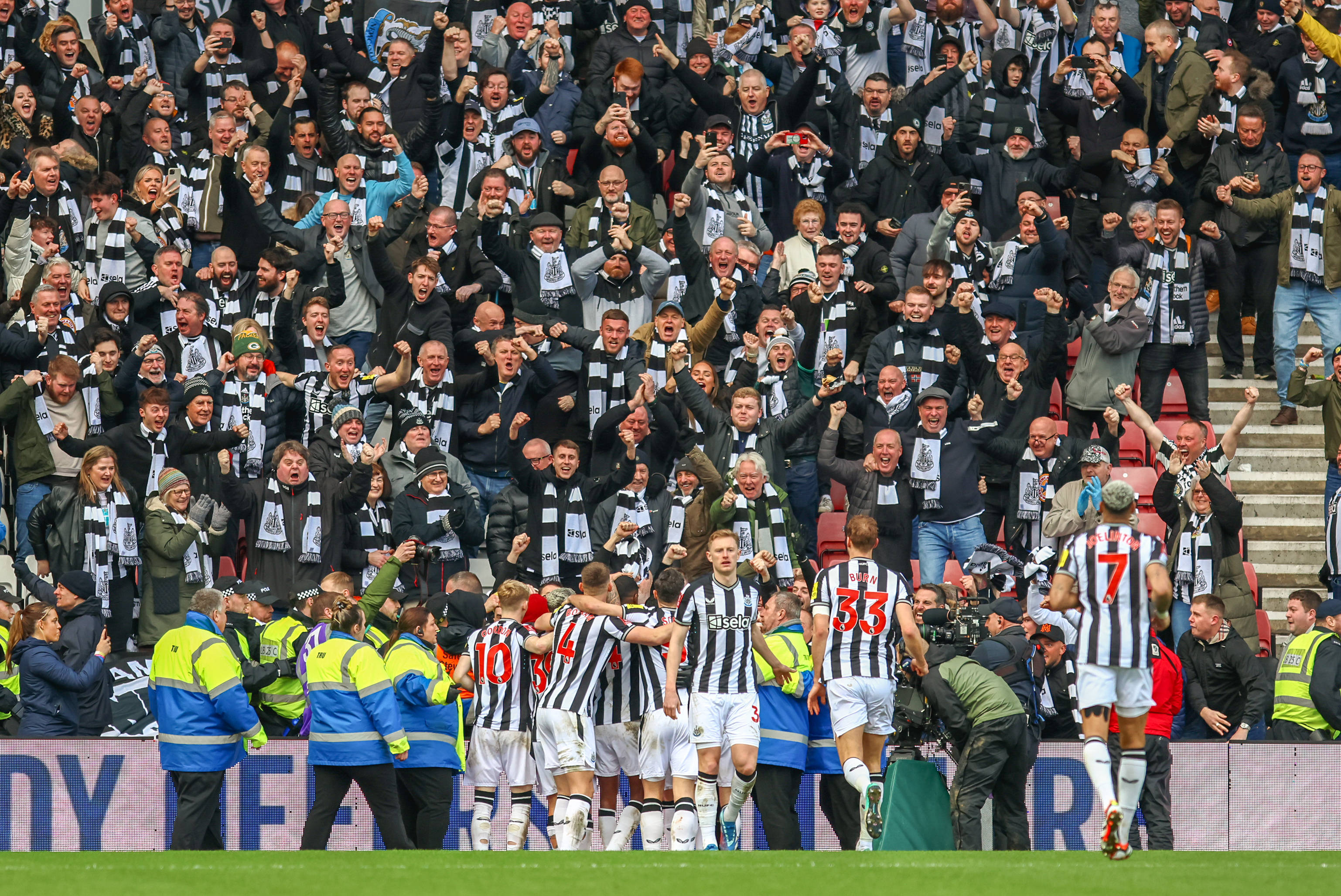 Newcastle United players and supporters pictured celebrating a goal during a 3-0 away win at Sunderland in the FA Cup in January 2024