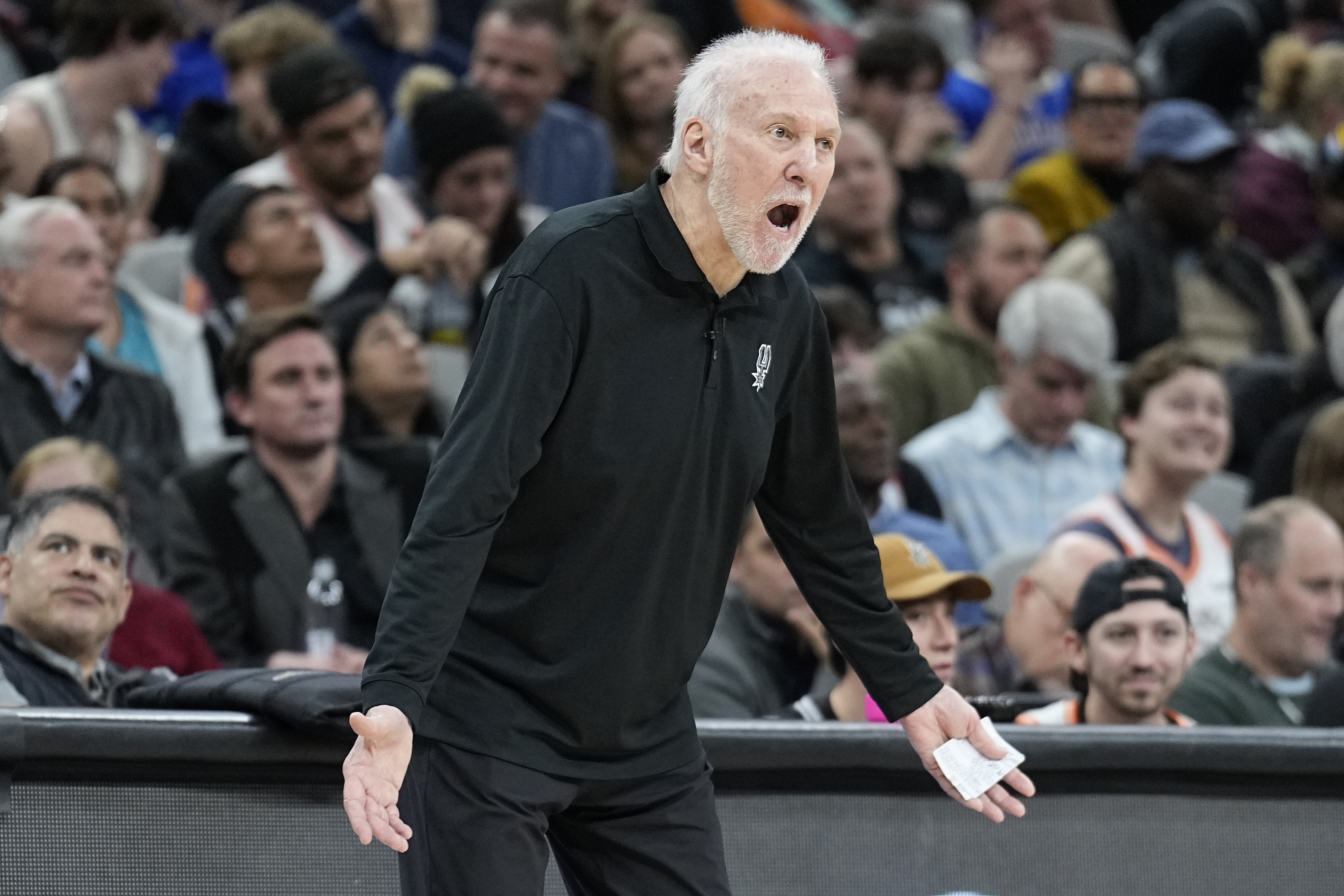 Jan 4, 2024; San Antonio, Texas, USA; San Antonio Spurs head coach Gregg Popovich yells out to players during the second half against the Milwaukee Bucks at Frost Bank Center.