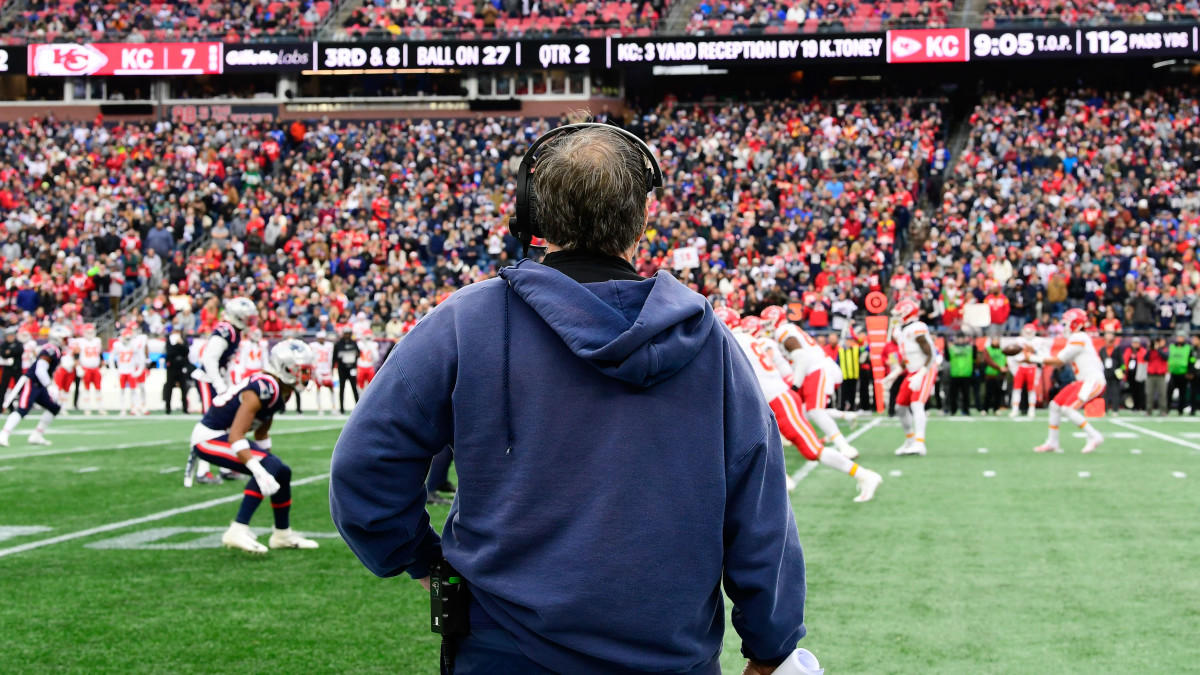 New England Patriots coach Bill Belichick watches from the sideline during the first half against the Kansas City Chiefs at Gillette Stadium.